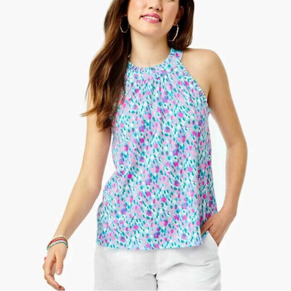 Lilly Pulitzer Jerrica Blouse Top Halter Ruffle Print Cotton Flowy XL NWT - Picture 2 of 12